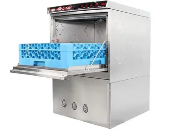 Industrial dishwasher loading blue rack