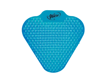 Triangular blue urinal screen with logo