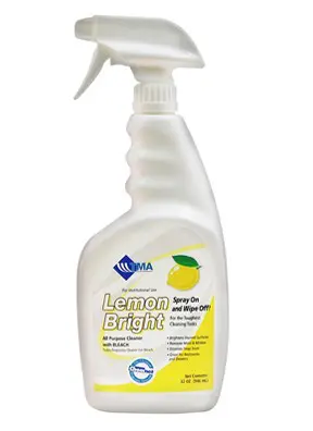 A lemon-scented cleaning spray bottle labeled Lemon Bright.