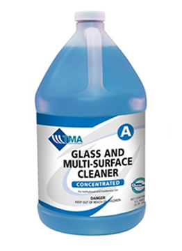 A bottle of blue glass and multi-surface cleaner.