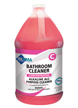 Bottle of pink bathroom cleaner with label and cap.