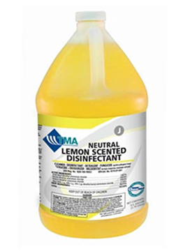 Bottle of lemon scented neutral disinfectant with a yellow liquid inside.