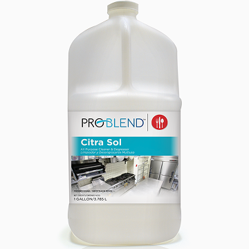 A large white gallon jug labeled Problend Citra Sol.
