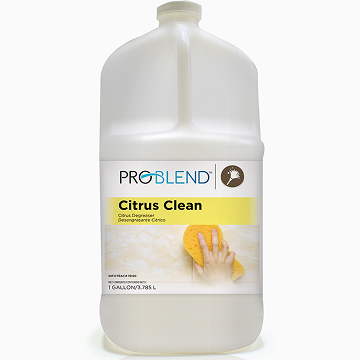 A large jug of ProBlend Citrus Clean cleaning solution with a lemon graphic.