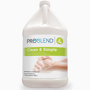 A gallon jug of PROBLEND Clean & Simple hand soap with a pump.
