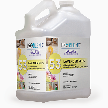 A gallon jug of ProFluent Galaxy Lavender Plus cleaner with floral design.