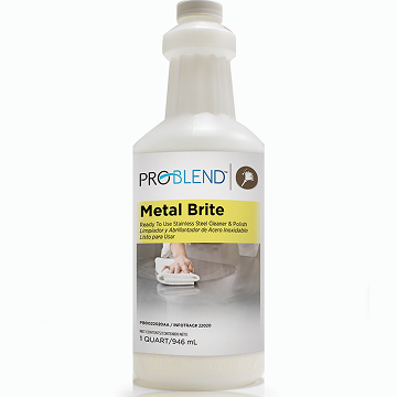 A bottle of PROBLEND Metal Brite stainless steel cleaner.